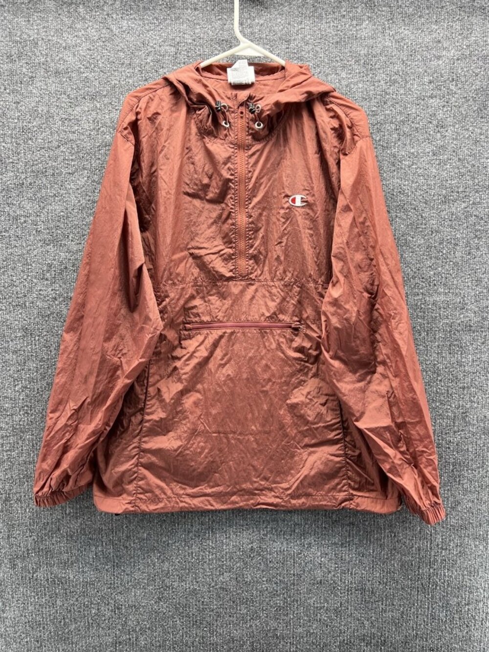 Champion Windbreaker Jacket Men Large Orange Hooded 1/2 Pullover Front Pocket